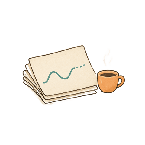 A stack of soft pages with a teal wave line and a steaming apricot cup