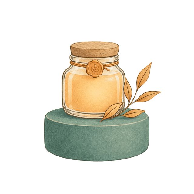 A sealed glass jar of warm apricot light on a teal pedestal, with a leaf sprig